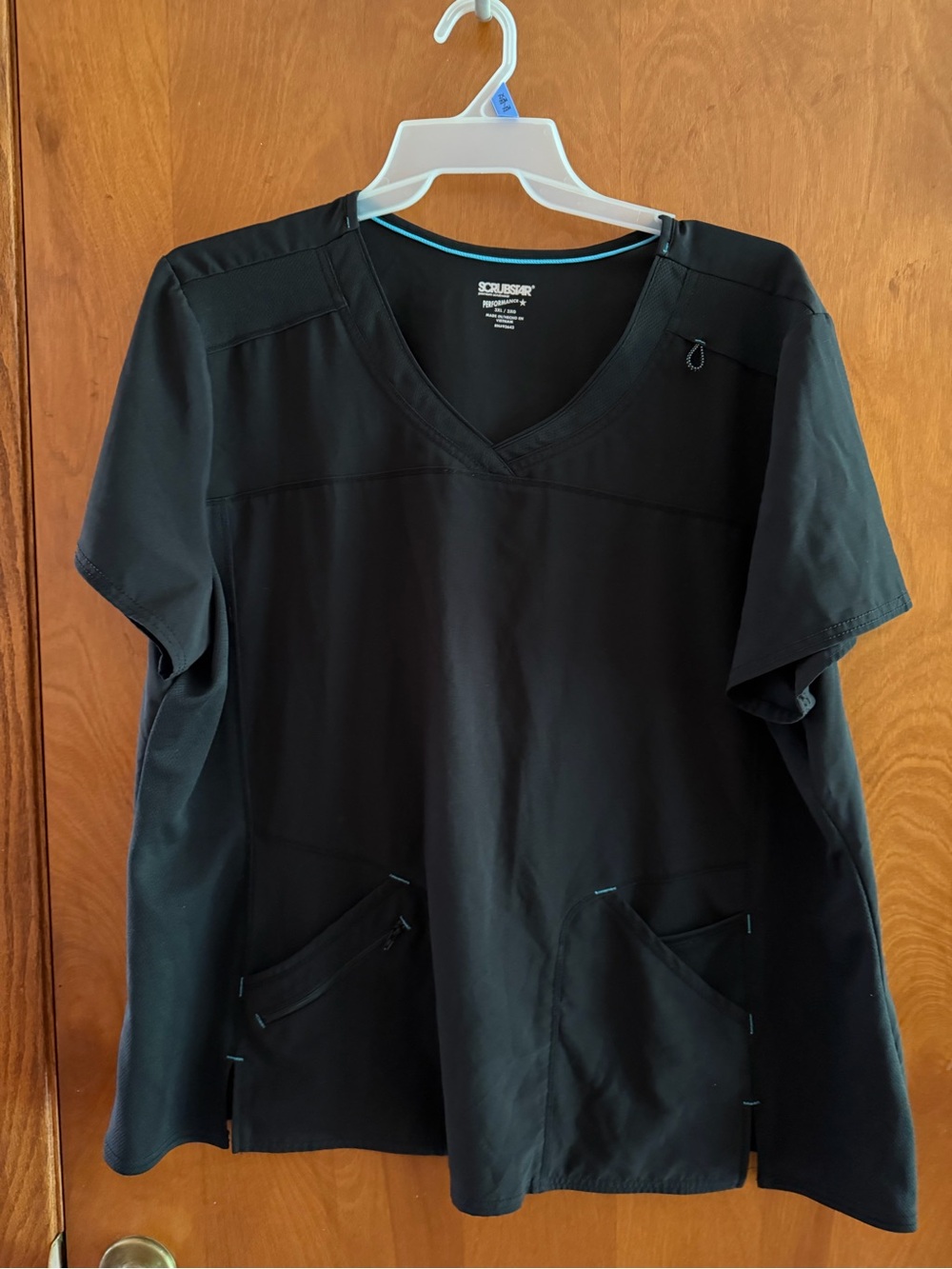 Scrubstar Black V-Neck Scrub Top with Teal Trim